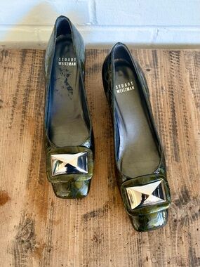 Stuart Weitzman Green Crocodile Mini Block Heels w/ Gold Accent, SZ 6.5N EUC!